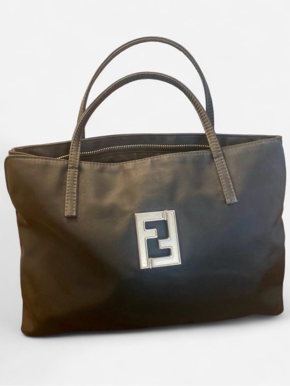 Fendi Black Nylon Tote with Silver FF Plaque